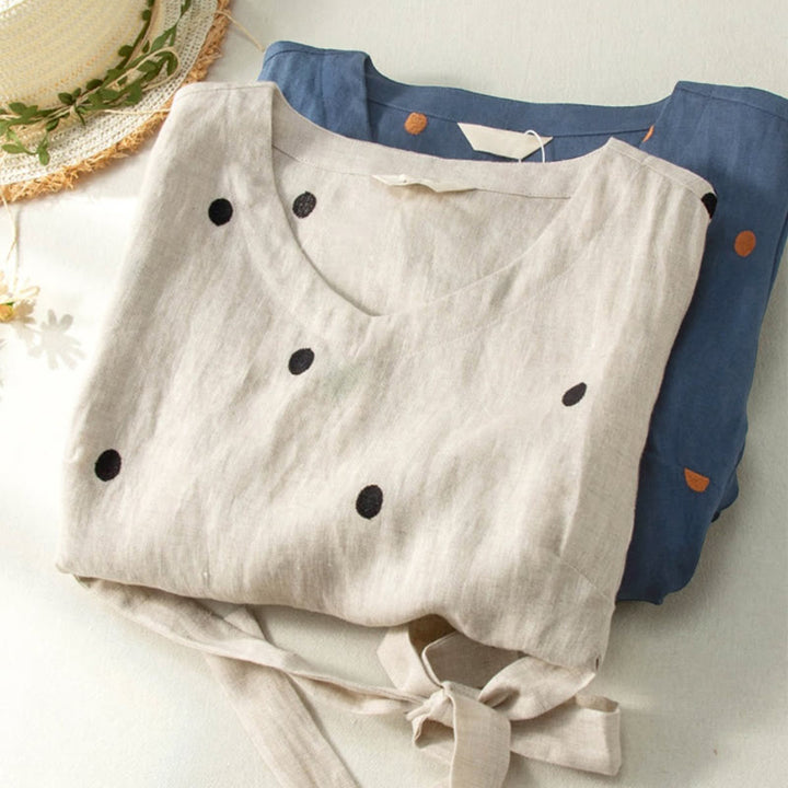 Buddha Stones Casual Dot Pattern Short Sleeve Lace-up Women's Midi Dress With Pockets - image 11