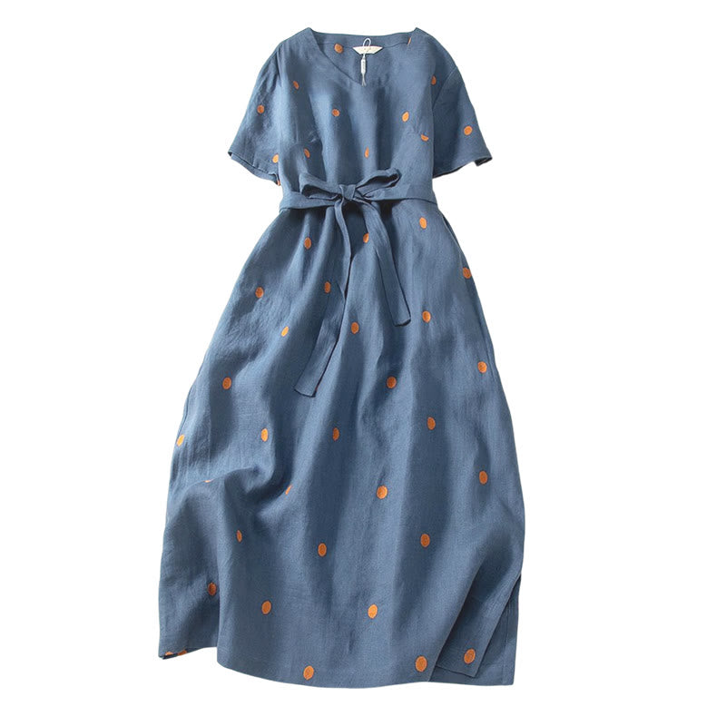 Buddha Stones Casual Dot Pattern Short Sleeve Lace-up Women's Midi Dress With Pockets - image 6