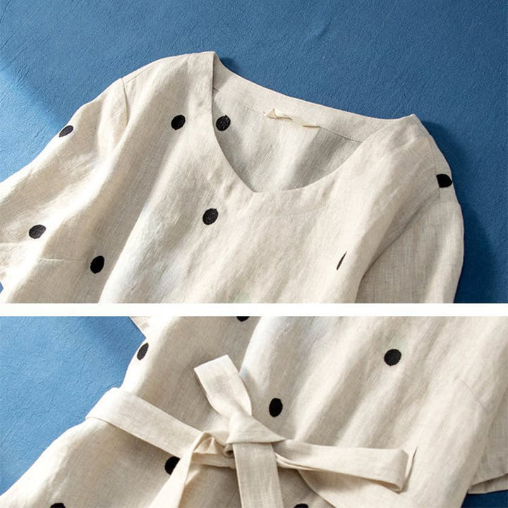 Buddha Stones Casual Dot Pattern Short Sleeve Lace-up Cotton Linen Women's Midi Dress With Pockets - image 8