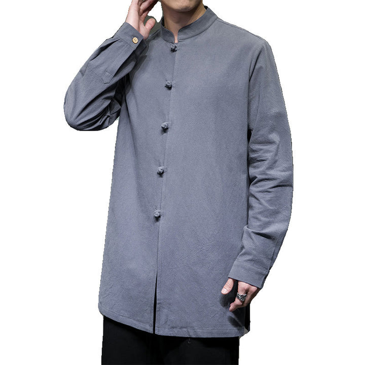 Buddha Stones Simple Tang Suit Plain Chinese Frog-Button Men's Cotton Long Sleeve Jacket Shirt - image 10