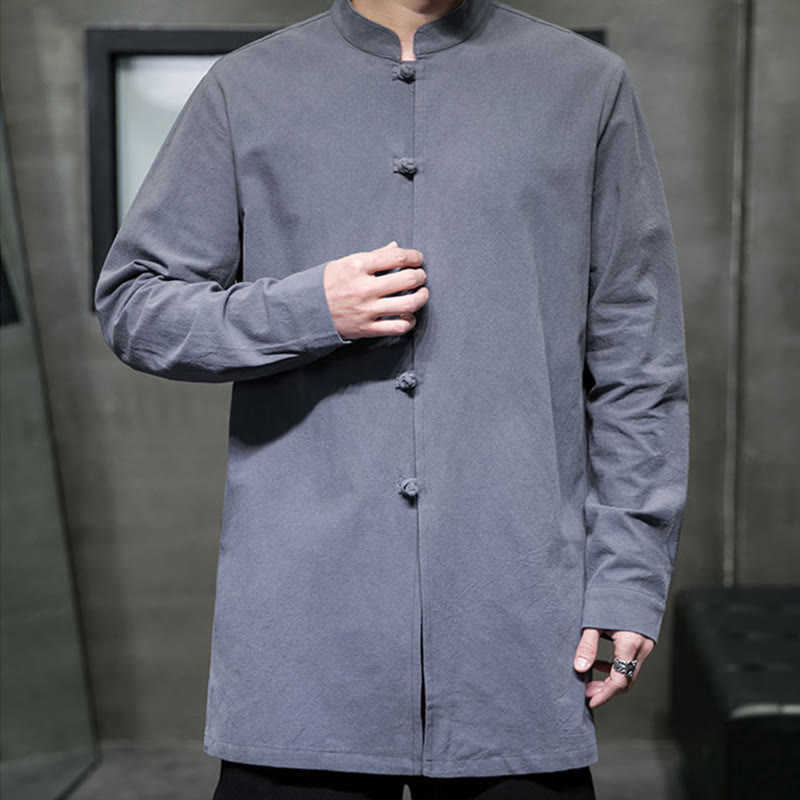 Buddha Stones Simple Tang Suit Plain Chinese Frog-Button Men's Cotton Long Sleeve Jacket Shirt - image 5