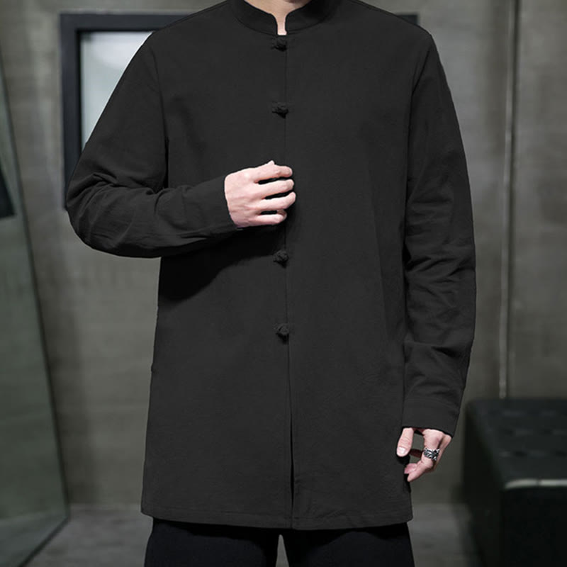 Buddha Stones Simple Tang Suit Plain Chinese Frog-Button Men's Cotton Long Sleeve Jacket Shirt - image 25