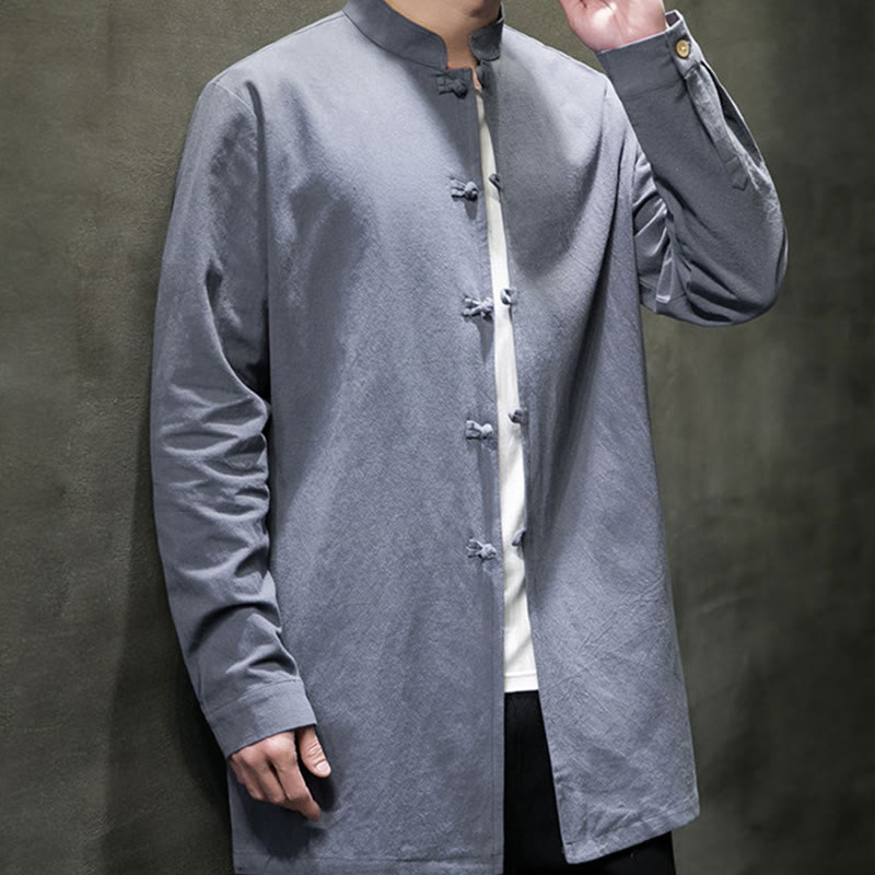 Buddha Stones Simple Tang Suit Plain Chinese Frog-Button Men's Cotton Long Sleeve Jacket Shirt - image 3