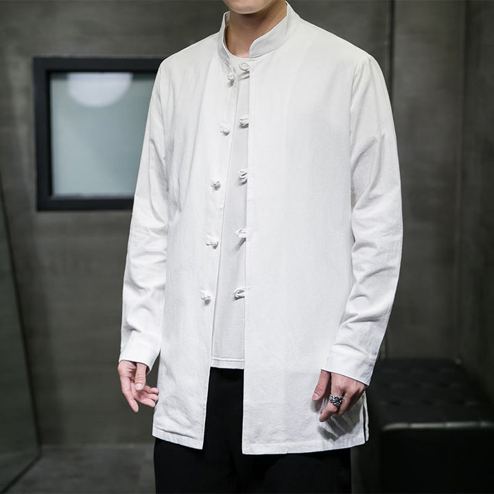 Buddha Stones Simple Tang Suit Plain Chinese Frog-Button Men's Cotton Long Sleeve Jacket Shirt - White - US/UK/AU46，EU56 (5XL) - image 11