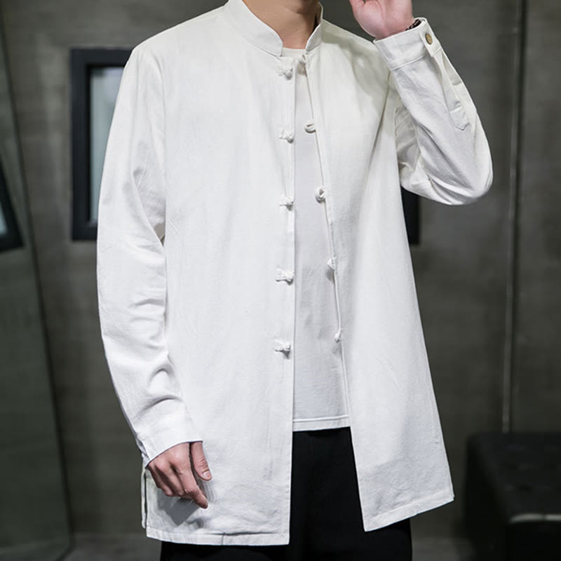 Buddha Stones Simple Tang Suit Plain Chinese Frog-Button Men's Cotton Long Sleeve Jacket Shirt - image 19