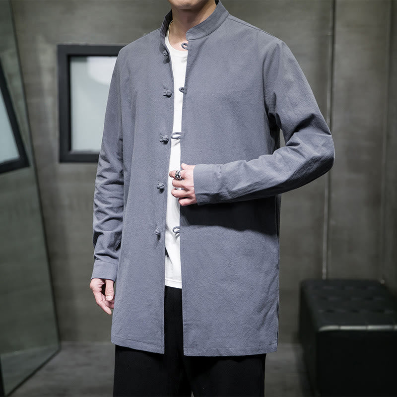 Buddha Stones Simple Tang Suit Plain Chinese Frog-Button Men's Cotton Long Sleeve Jacket Shirt - LightSteelBlue - US/UK/AU46，EU56 (5XL) - image 0