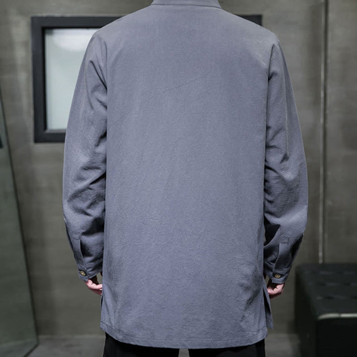 Buddha Stones Simple Tang Suit Plain Chinese Frog-Button Men's Cotton Long Sleeve Jacket Shirt - image 6