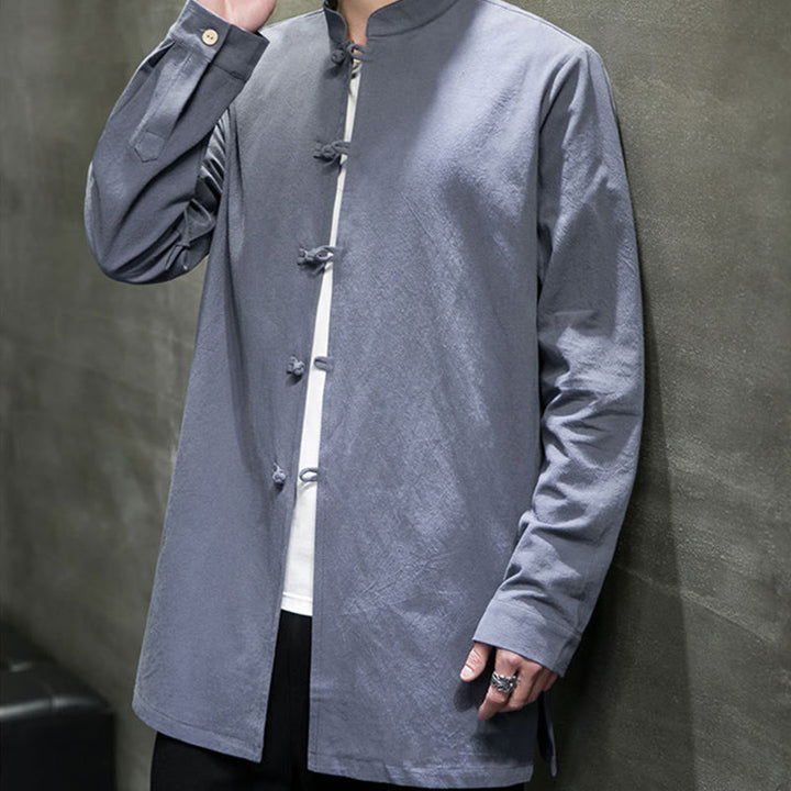 Buddha Stones Simple Tang Suit Plain Chinese Frog-Button Men's Cotton Long Sleeve Jacket Shirt - image 7