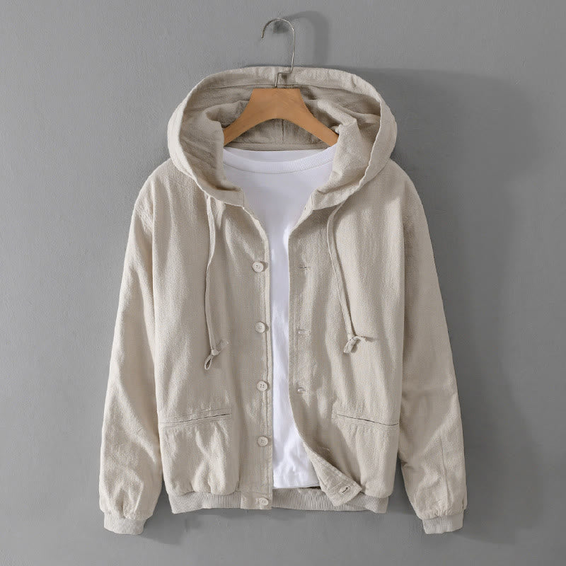 Buddha Stones Ribbed Hem Design Hoodie Long Sleeve Men's Cotton Linen Jacket Shirt With Pockets - Beige - US/UK/AU42，EU52 (3XL) - image 5