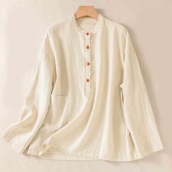 Buddha Stones Casual Buttons Crew Neck Women's Long Sleeve Shirt With Pockets - Cornsilk - US8-10，UK/AU12-14，EU40-42 (2XL) - image 16