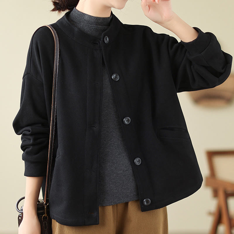 Buddha Stones Solid Color Women's Cotton Long Sleeve Jacket With Pockets - Black - US14，UK/AU18，EU46 (2XL) - image 0
