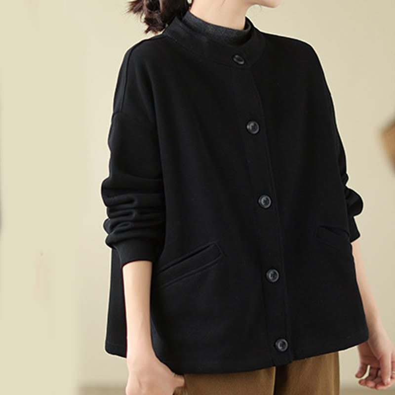 Buddha Stones Solid Color Women's Cotton Long Sleeve Jacket With Pockets - image 3