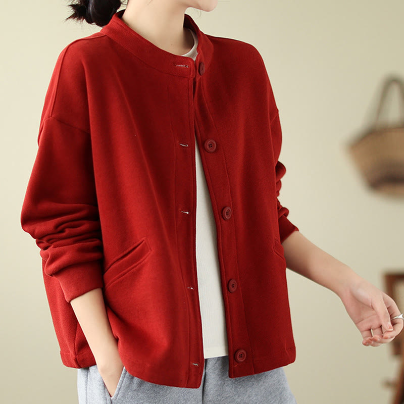 Buddha Stones Solid Color Women's Cotton Long Sleeve Jacket With Pockets - FireBrick - US14，UK/AU18，EU46 (2XL) - image 5