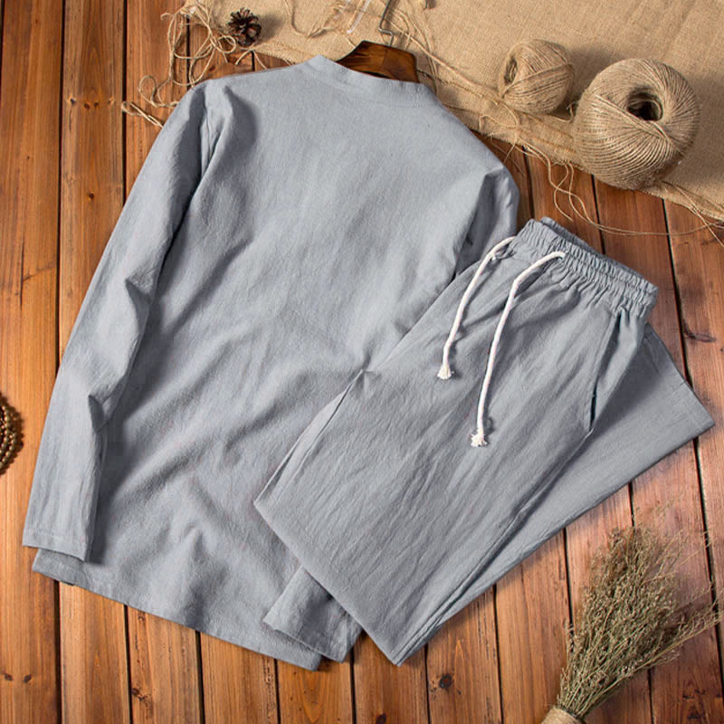 Buddha Stones Pure Color Long Sleeve Top Pants Clothing Men's Set - image 8