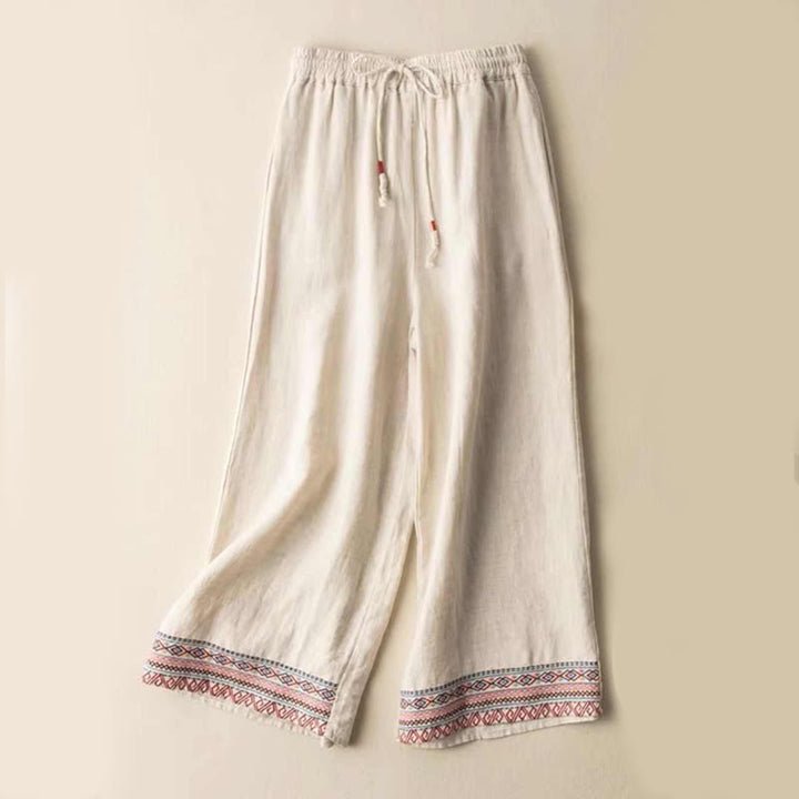 Buddha Stones Plain Bohemian Stripes Women's Wide Leg Pants With Pockets - Beige - US14，UK/AU18，EU46 (4XL) - image 1