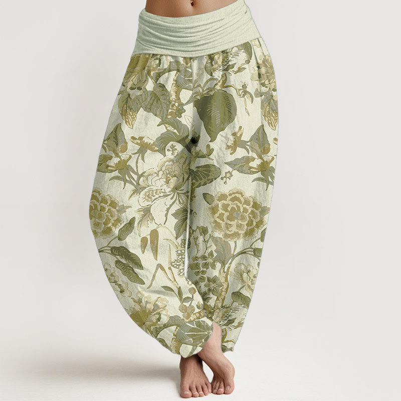 Buddha Stones Pure Cotton Lotus Leaf Peony Pattern Women's Elastic Waist Harem Pants - Beige - US22，UK/AU26，EU54 (6XL) - image 8