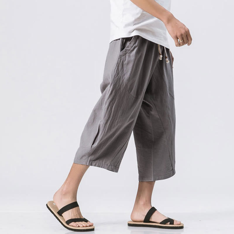 Buddha Stones Summer Casual Simple Plain Design 7-8 Length Men's Drawstring Pants With Pockets - image 1