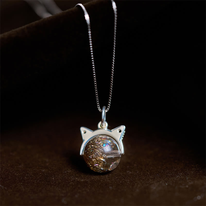 Buddha Stones 925 Sterling Silver Natural Black Super Seven Crystal Cat Necklace Pendant - 10mm+0.8mm Chain - image 0