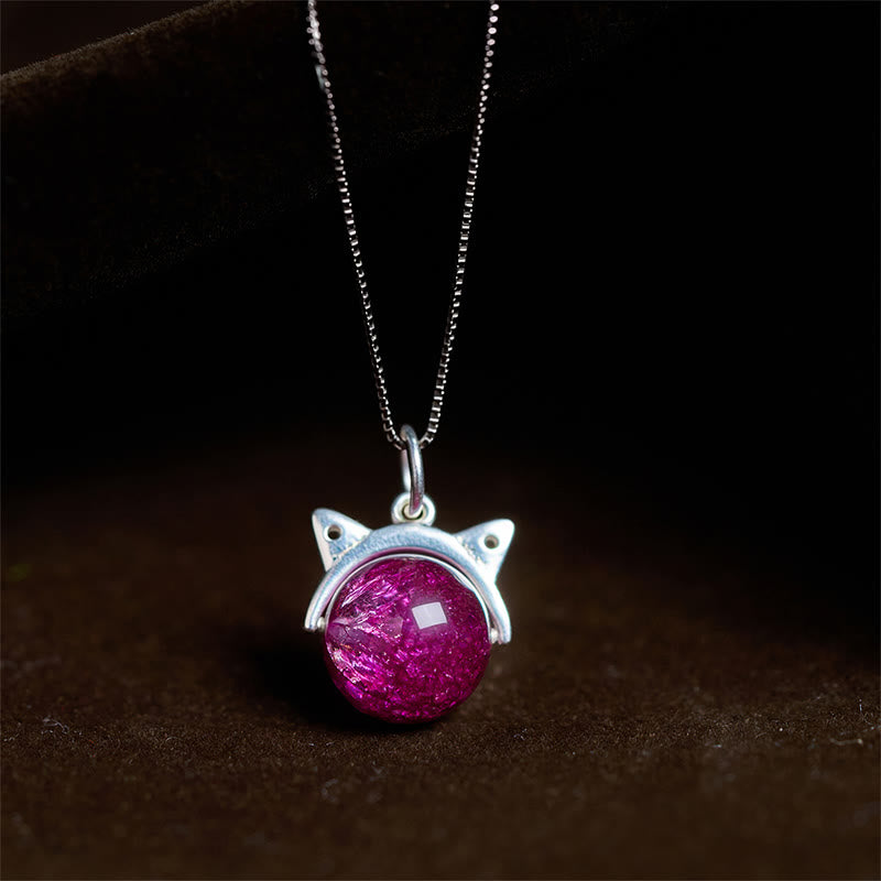 Buddha Stones 925 Sterling Silver Natural Deep Purple Fireworks Super Seven Crystal Cat Necklace Pendant - 10mm+0.8mm Chain - image 0