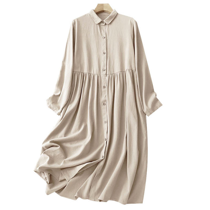 Buddha Stones Commute Long Sleeve Pure Color Button Design Lapel Cotton Midi Dress - image 5