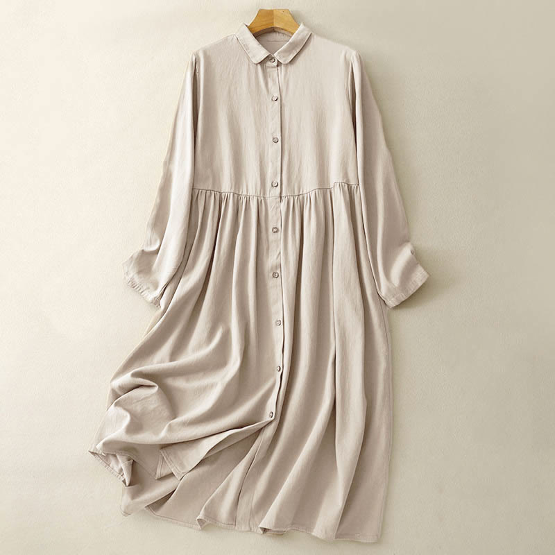 Buddha Stones Commute Long Sleeve Pure Color Button Design Lapel Cotton Midi Dress - PaleGoldenrod - US8-10，UK/AU12-14，EU40-42 (2XL) - image 0
