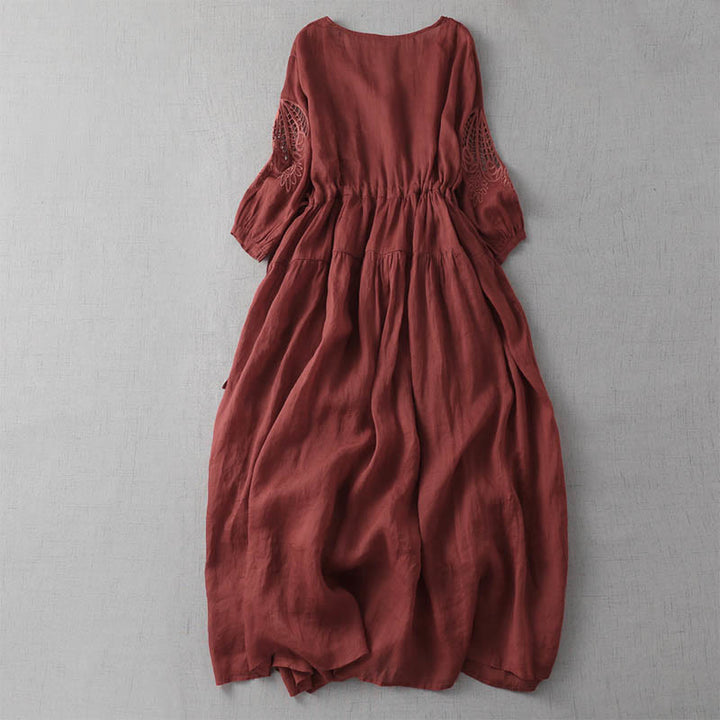 Buddha Stones Embroidery Patchwork Long Puff Sleeve Drawstring Midi Dress With Pockets - image 15