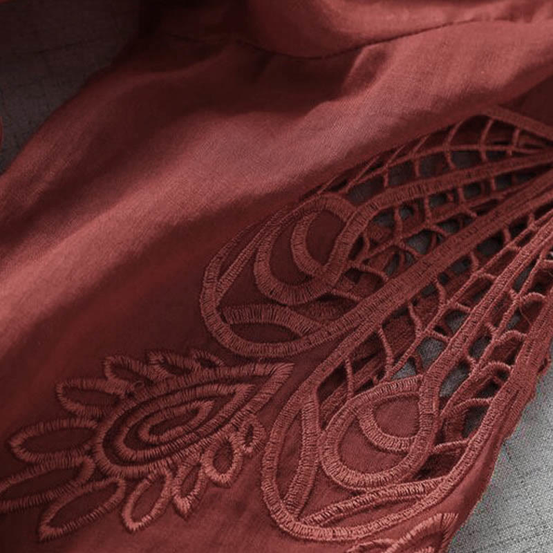 Buddha Stones Embroidery Patchwork Long Puff Sleeve Drawstring Midi Dress With Pockets - image 18