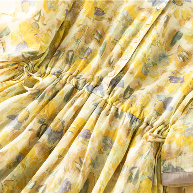 Buddha Stones Half Sleeve Color Contrast Floral Pattern Midi Dress With Pockets - image 18