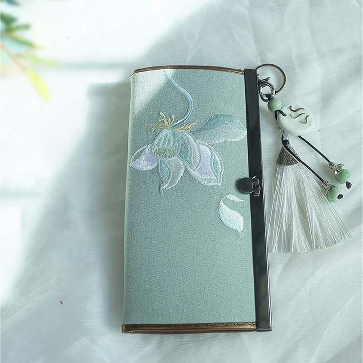 Flower Plum Peach Blossom Bamboo Double-sided Embroidery Large Capacity Cash Holder Wallet Shopping Purse - Green Lotus - image 7