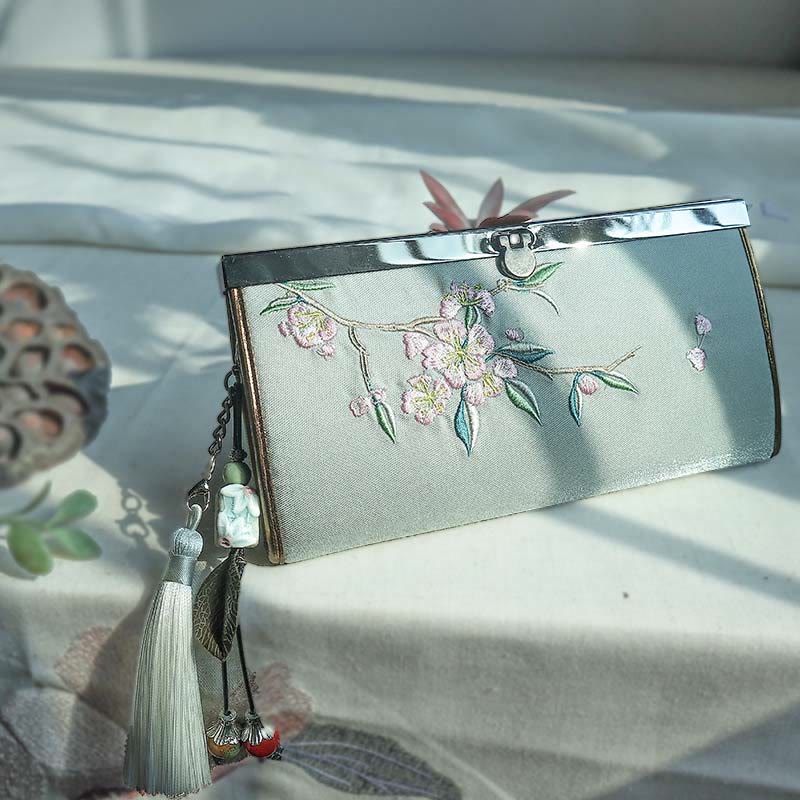 Flower Plum Peach Blossom Bamboo Double-sided Embroidery Large Capacity Cash Holder Wallet Shopping Purse - Green Peach Blossoms - image 8