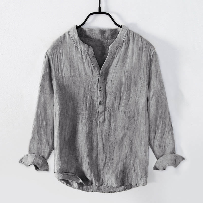 Buddha Stones Solid Color Long Sleeve Half Button Shirt Cotton Linen Men Clothing - Gray - US/UK/AU50，EU60 (5XL) - image 0