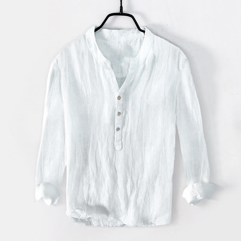Buddha Stones Solid Color Short Sleeve Half Button Shirt Cotton Linen Men Clothing - Long Sleeve - White - US/UK/AU50，EU60 (5XL) - image 22