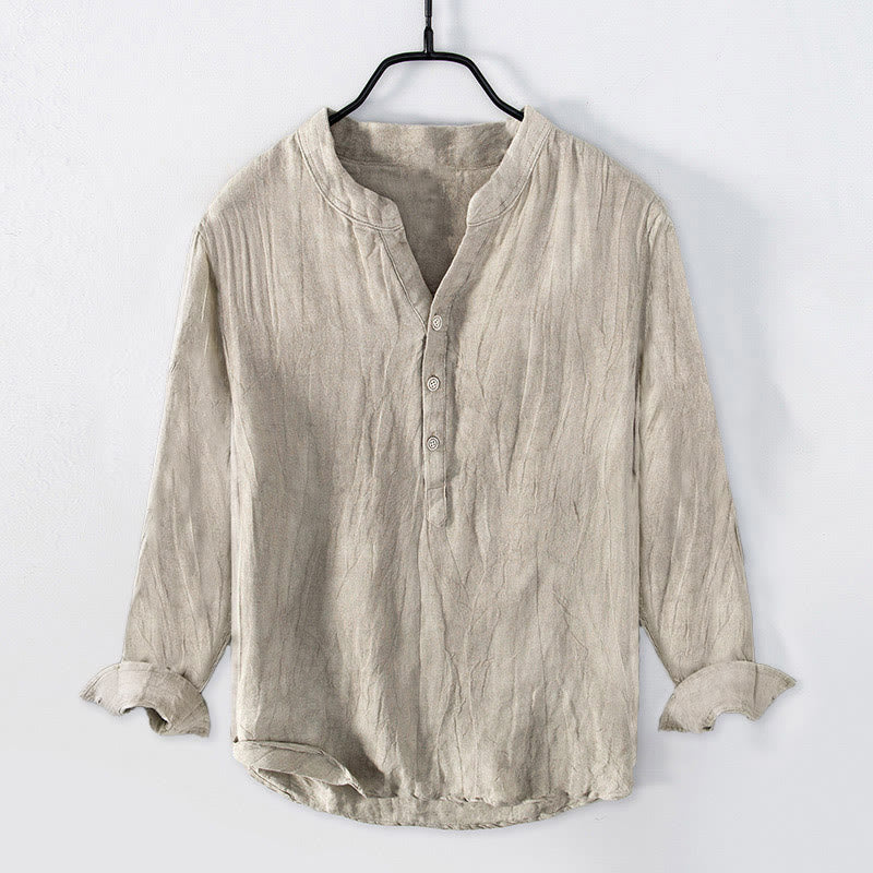 Buddha Stones Solid Color Short Sleeve Half Button Shirt Cotton Linen Men Clothing - Long Sleeve - Linen - US/UK/AU50，EU60 (5XL) - image 23