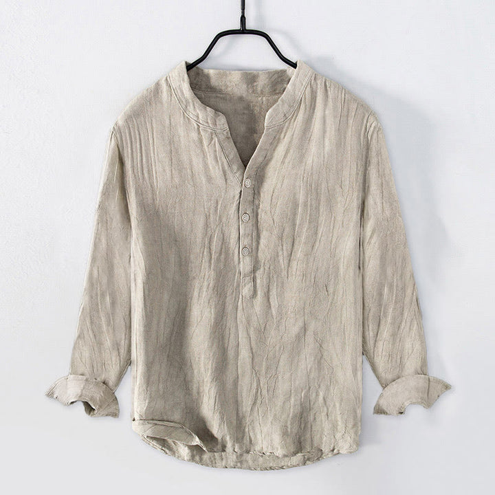 Buddha Stones Solid Color Long Sleeve Half Button Shirt Cotton Linen Men Clothing - Linen - US/UK/AU50，EU60 (5XL) - image 16