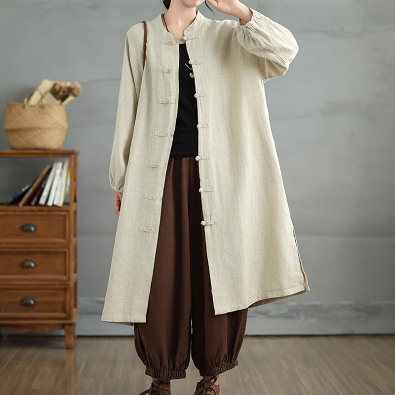 Buddha Stones Casual Frog-button Women's Cotton Linen Coat With Pockets - Beige - US12，UK/AU16，EU44 (2XL) - image 12