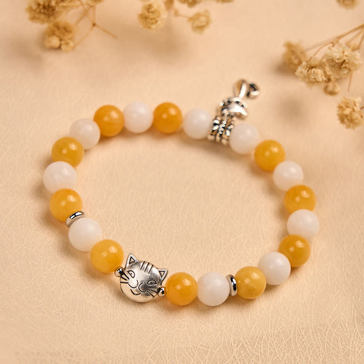 Buddha Stones Orange White Tabby Cat Yellow Chalcedony White Chalcedony Peace Bracelet - image 1