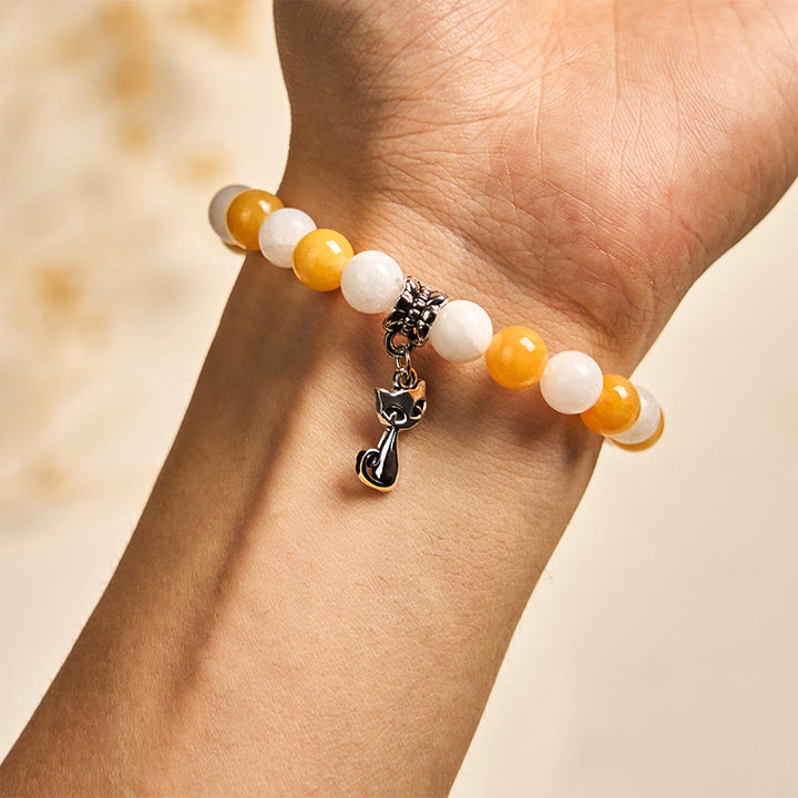 Buddha Stones Orange White Tabby Cat Yellow Chalcedony White Chalcedony Peace Bracelet - image 4