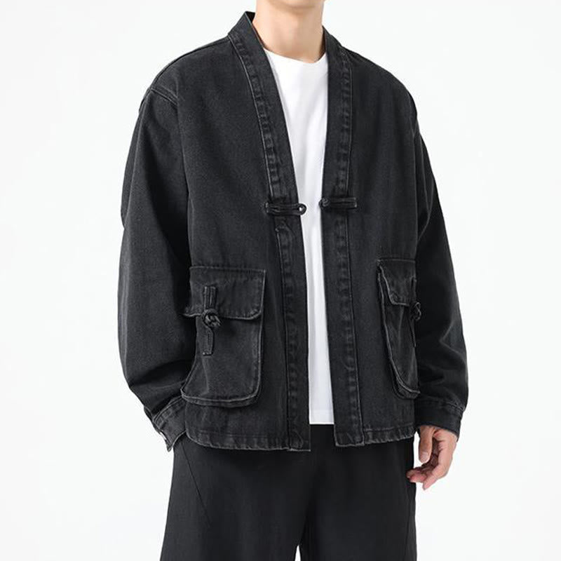 Buddha Stones Denim Button Design Men's Cotton Long Sleeve Jacket With Pockets - image 5