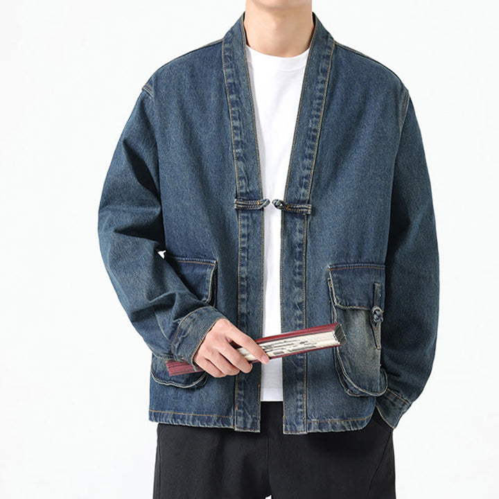 Buddha Stones Denim Button Design Men's Cotton Long Sleeve Jacket With Pockets - image 24