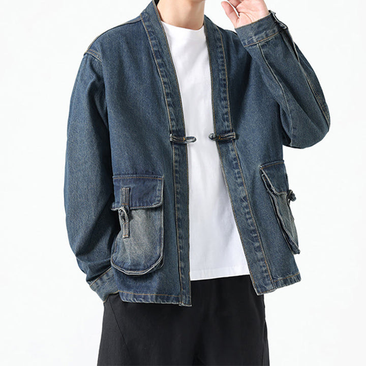Buddha Stones Denim Button Design Men's Cotton Long Sleeve Jacket With Pockets - image 19