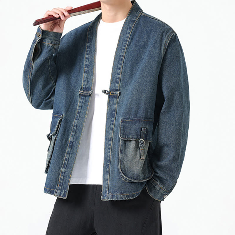 Buddha Stones Denim Button Design Men's Cotton Long Sleeve Jacket With Pockets - image 21