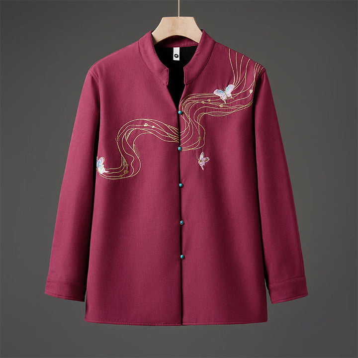Buddha Stones Winter Embroidered Butterfly Ribbon Fleece-Lined Men's Cotton Long Sleeve Jacket - FireBrick - US/UK/AU46，EU56 (5XL) - image 7