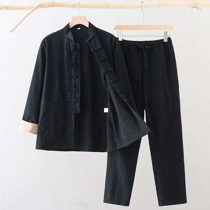 Buddha Stones 2Pcs Tang Suit Men's Frog-Button Cotton Linen Long Sleeve Shirt Pants Set With Pockets - Black - US/UK/AU44，EU54 (4XL) - image 1