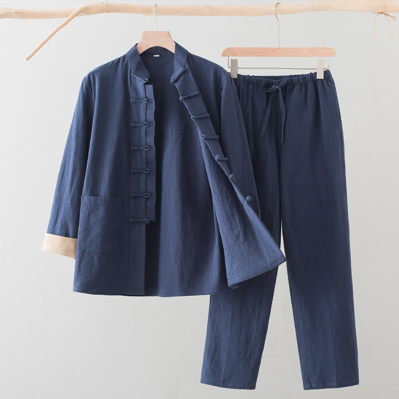 Buddha Stones 2Pcs Tang Suit Men's Frog-Button Cotton Linen Long Sleeve Shirt Pants Set With Pockets - SteelBlue - US/UK/AU44，EU54 (4XL) - image 13