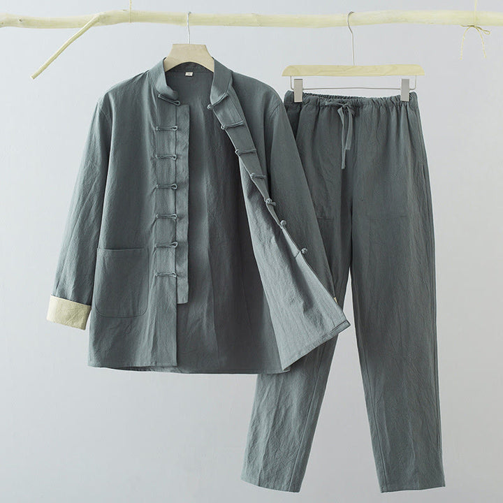 Buddha Stones 2Pcs Tang Suit Men's Frog-Button Cotton Linen Long Sleeve Shirt Pants Set With Pockets - CadetBlue - US/UK/AU44，EU54 (4XL) - image 14