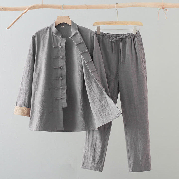 Buddha Stones 2Pcs Tang Suit Men's Frog-Button Cotton Linen Long Sleeve Shirt Pants Set With Pockets - LightGrey - US/UK/AU44，EU54 (4XL) - image 15