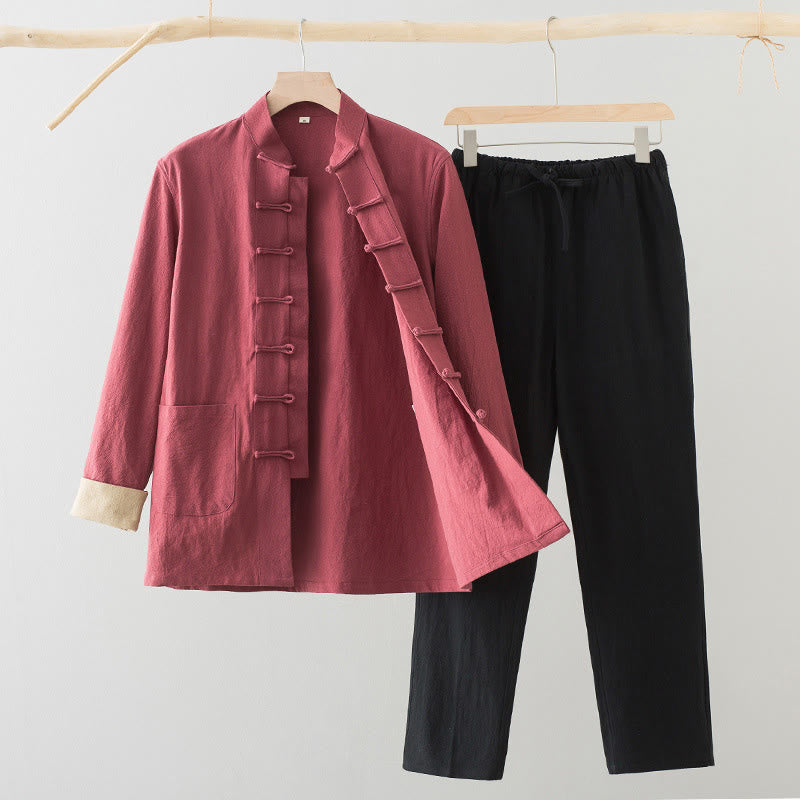 Buddha Stones 2Pcs Tang Suit Men's Frog-Button Cotton Linen Long Sleeve Shirt Pants Set With Pockets - Salmon Shirt+Black Pants - US/UK/AU44，EU54 (4XL) - image 17