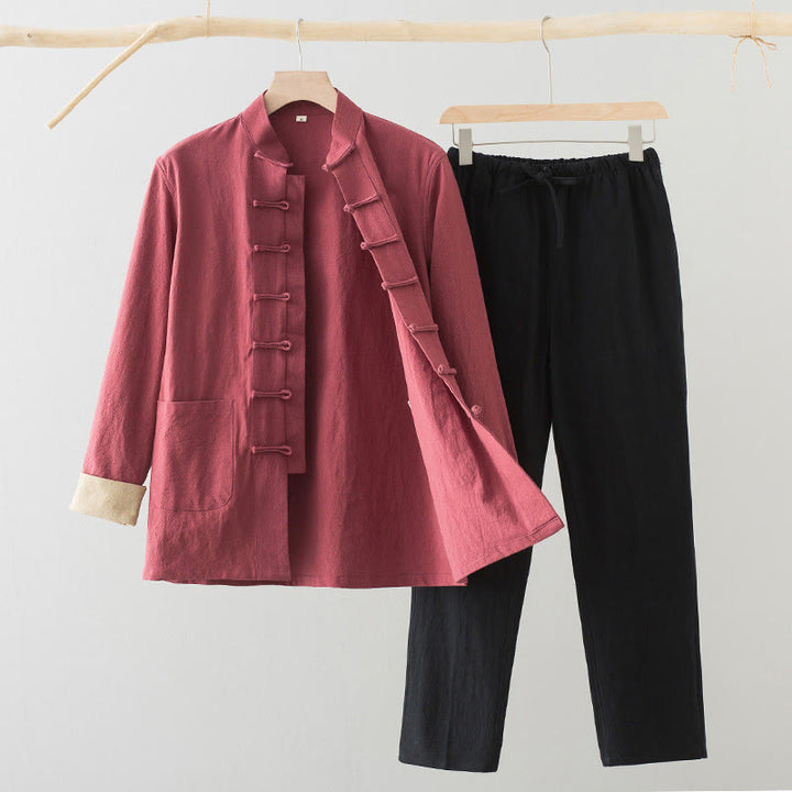 Buddha Stones 2Pcs Tang Suit Men's Frog-Button Cotton Linen Long Sleeve Shirt Pants Set With Pockets - Salmon Shirt+Black Pants - US/UK/AU44，EU54 (4XL) - image 17