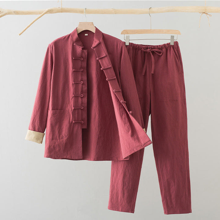 Buddha Stones 2Pcs Tang Suit Men's Frog-Button Cotton Linen Long Sleeve Shirt Pants Set With Pockets - Salmon - US/UK/AU44，EU54 (4XL) - image 18