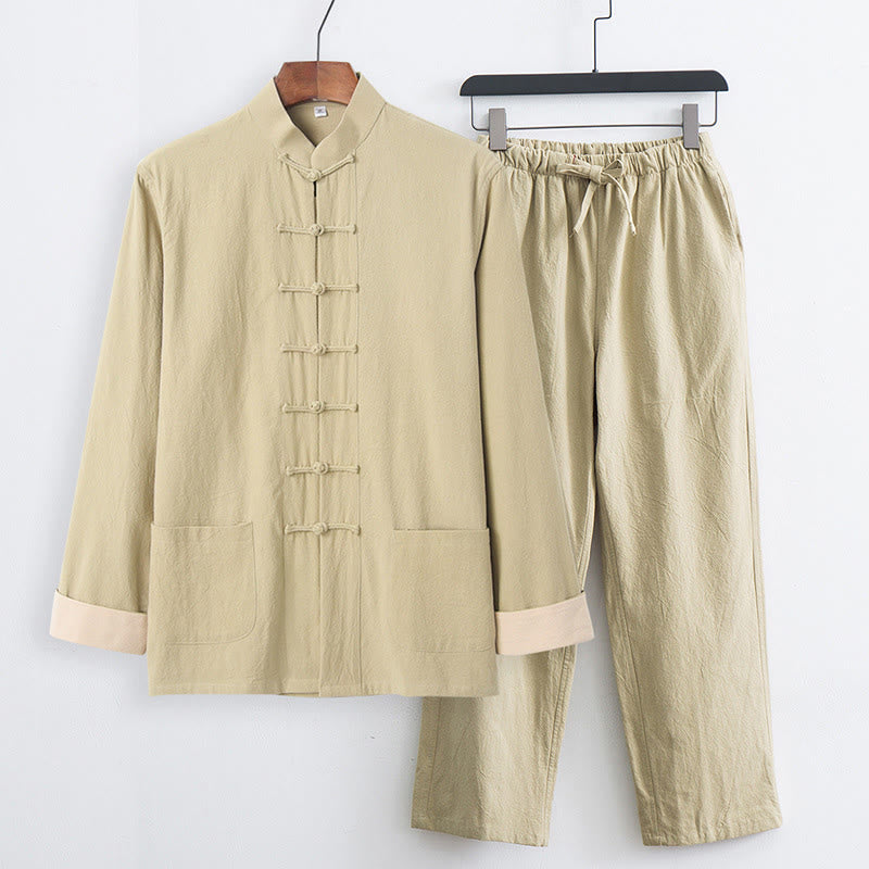 Buddha Stones 2Pcs Tang Suit Men's Frog-Button Cotton Linen Long Sleeve Shirt Pants Set With Pockets - PaleGoldenrod - US/UK/AU44，EU54 (4XL) - image 19